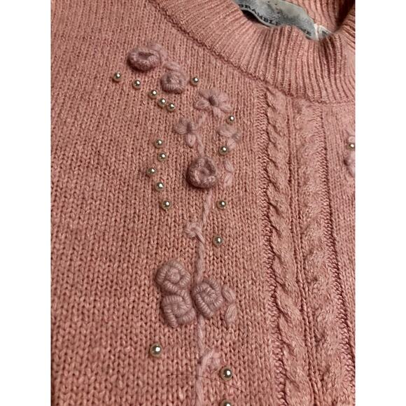 Bramble Lane M Silk Angora Lambswool Faux Pearls Pink Granny Sweater Cable VTG - Picture 3 of 11